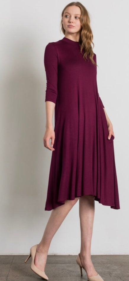 Mock Neck 3/4 Sleeve Midi Dress