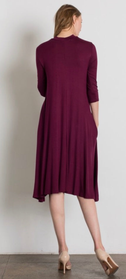 Mock Neck 3/4 Sleeve Midi Dress