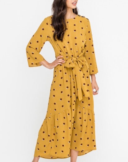 Midi Dress with Sash Tie at the Waist (Mustard)