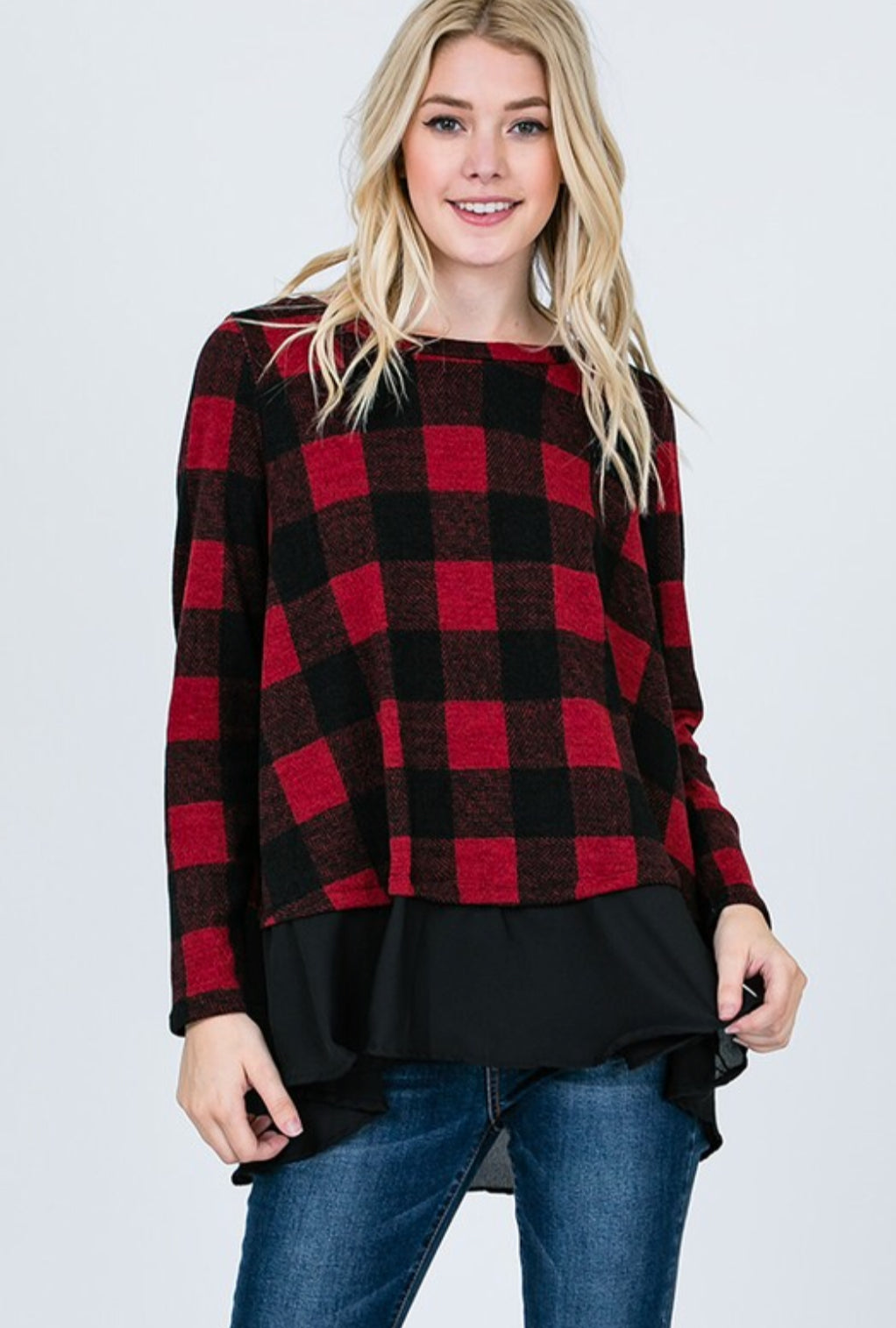 Long Sleeve Checkered Top with Ruffle Detail