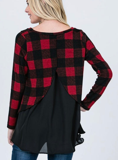 Long Sleeve Checkered Top with Ruffle Detail